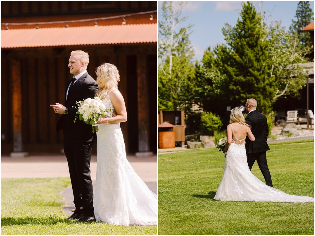 Snohomish Wedding Photographer GSquared Weddings A couple in wedding attire strolls on grass beside a rustic building, evoking the charm of a winery. The groom, in a black suit, and the bride, clutching her bouquet in a white dress, are seen from behind as they walk away amidst lush greenery. Serving Seattle, Snohomish and Washington State