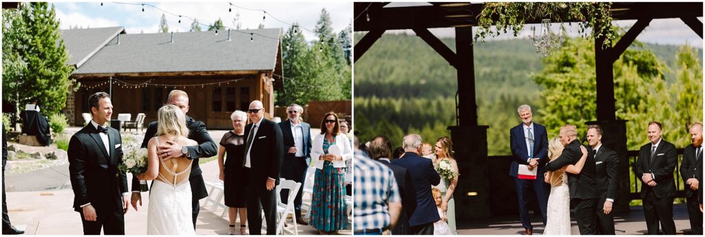 Snohomish Wedding Photographer GSquared Weddings A wedding ceremony unfolds in an outdoor venue surrounded by trees. At a picturesque winery, a bride in a white dress and groom in a black suit stand before guests. String lights and lush greenery adorn the area, set against a stunning mountain landscape. Serving Seattle, Snohomish and Washington State