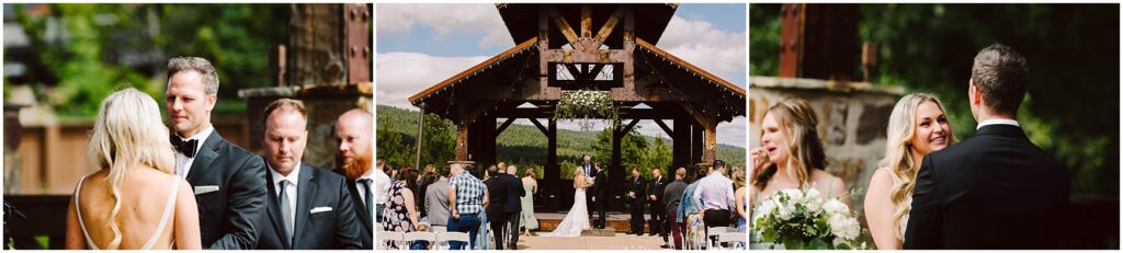 Snohomish Wedding Photographer GSquared Weddings Three-panel image: Left, a couple holds hands during an outdoor ceremony at the winery. Center, view of the ceremony with guests seated and mountains visible in the distance. Right, the couple smiles at each other under an outdoor structure adorned with flowers. Serving Seattle, Snohomish and Washington State