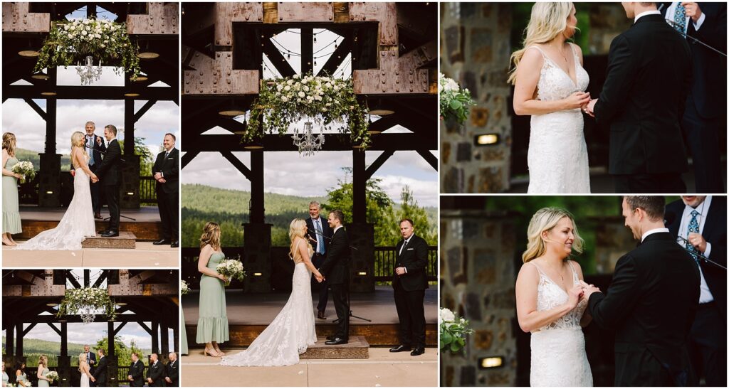 Snohomish Wedding Photographer GSquared Weddings A couple exchanges vows at an outdoor wedding under a rustic wooden arch adorned with greenery and flowers at a picturesque winery. A bridesmaid in a green dress stands nearby, complementing the scenic view of rolling green hills and a partly cloudy sky. Serving Seattle, Snohomish and Washington State