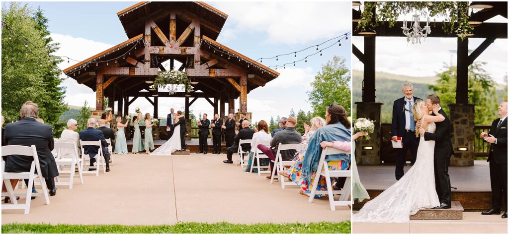 Snohomish Wedding Photographer GSquared Weddings Outdoor winery wedding scene. Left side: guests seated facing the couple wed under a wooden pavilion. Right side: newlyweds smiling and embracing near the pavilion. Bridesmaids in green dresses complement the lush vineyard backdrop. Serving Seattle, Snohomish and Washington State