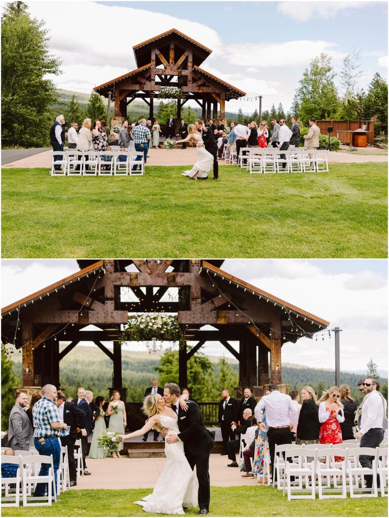 Snohomish Wedding Photographer GSquared Weddings Top half: Outdoor wedding ceremony under a wooden pavilion at a picturesque winery, with guests seated on white chairs. Bottom half: Bride and groom joyfully dance down the aisle, surrounded by applauding guests. Lush greenery and a clear sky in the background. Serving Seattle, Snohomish and Washington State