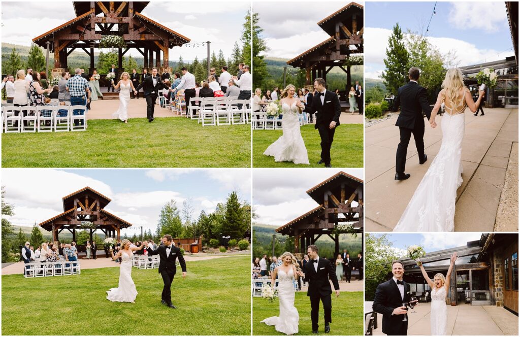 Snohomish Wedding Photographer GSquared Weddings Bride and groom in wedding attire celebrate outside, walking down an aisle with joyful expressions. Guests seated and some clapping at the scenic winery backdrop with lush greenery, a wooden archway, and clear sky. Multiple shots capture the couples happiness and picturesque surroundings. Serving Seattle, Snohomish and Washington State