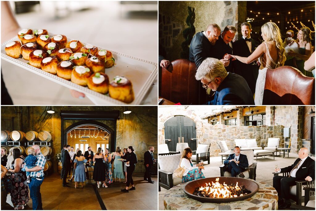 Snohomish Wedding Photographer GSquared Weddings A collage of four images: a tray of appetizers, people socializing indoors near wine barrels, a group at a table with a woman in a dress engaging with others, and guests relaxing by an outdoor fire pit near stone walls at the winery. Serving Seattle, Snohomish and Washington State