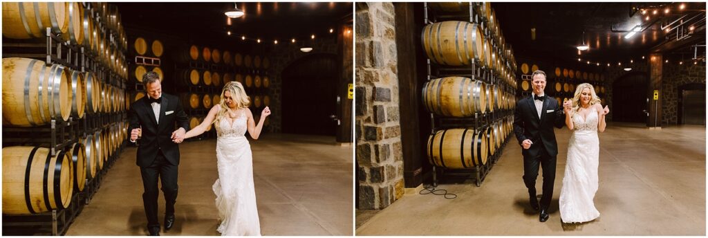 Snohomish Wedding Photographer GSquared Weddings A couple dressed in formal attire, with the woman in a white gown and the man in a black suit, joyfully hold hands and dance amid barrels lining the dimly lit winery. String lights twinkle above them as they revel in the romantic ambiance of the vineyard setting. Serving Seattle, Snohomish and Washington State