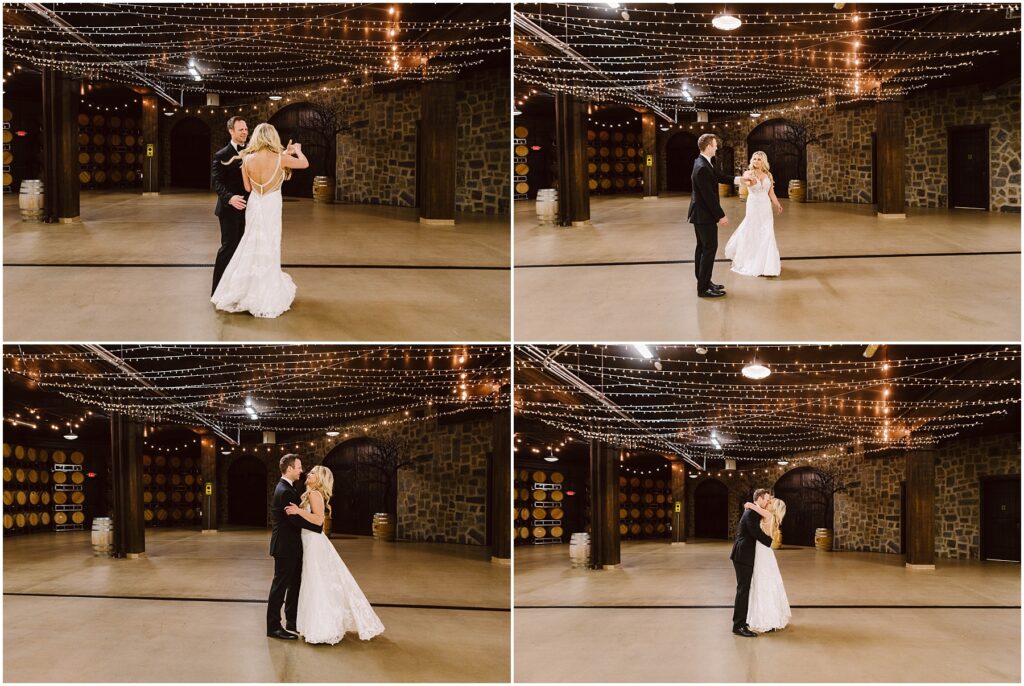 Snohomish Wedding Photographer GSquared Weddings A bride and groom share a first dance in a rustic winery venue with stone walls and barrel decor. String lights hang overhead, illuminating the couple as they embrace and spin around the spacious room, capturing a romantic moment. Serving Seattle, Snohomish and Washington State
