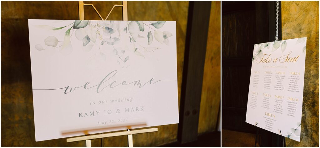 Snohomish Wedding Photographer GSquared Weddings A charming wedding sign on an easel reads Welcome to our wedding Kamy Jo & Mark, June 25, 2024 with watercolor leaves. Nestled in a rustic winery setting, a seating chart elegantly hangs on a chain, detailing table arrangements under soft lighting. Serving Seattle, Snohomish and Washington State