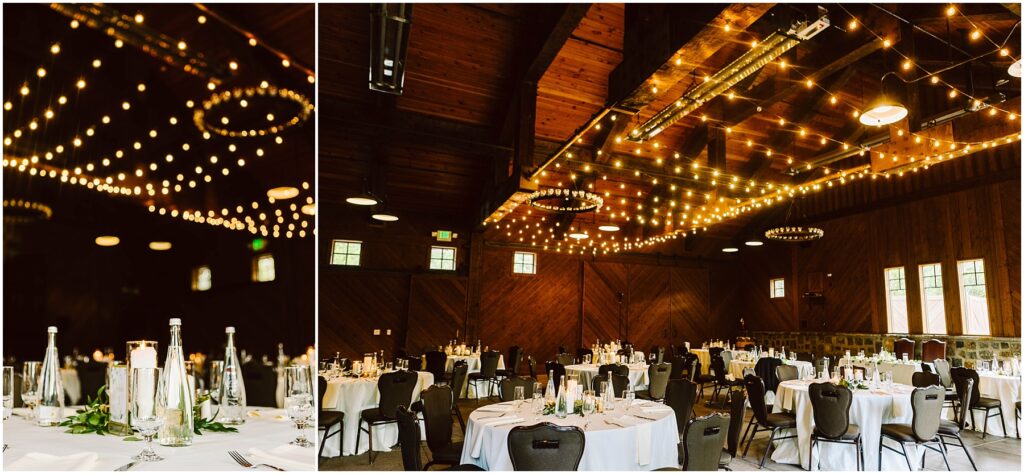 Snohomish Wedding Photographer GSquared Weddings A warmly lit banquet hall in a charming winery features round tables covered in white tablecloths, set for a formal event. Overhead, strings of lights form a glowing canopy, while the wooden walls and ceiling add to the rustic ambiance. Serving Seattle, Snohomish and Washington State
