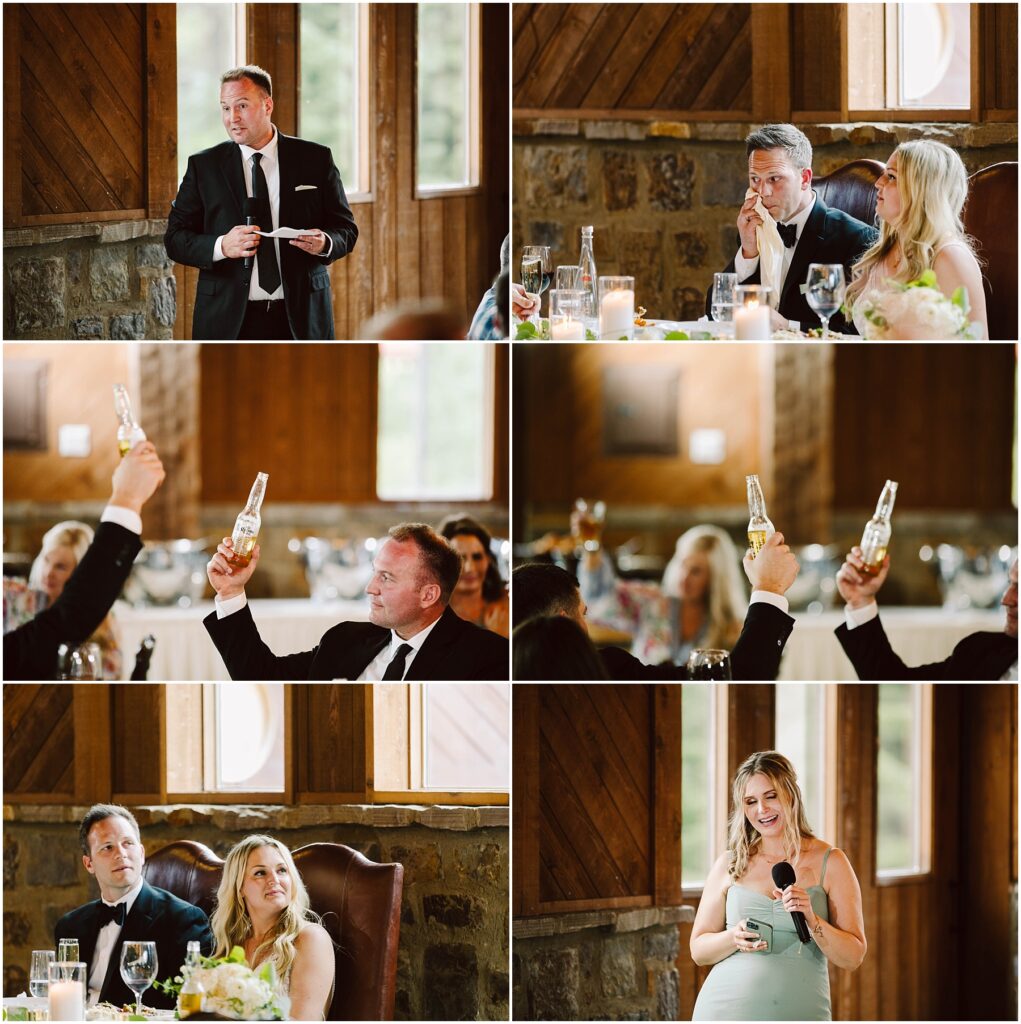 Snohomish Wedding Photographer GSquared Weddings A series of wedding reception photos captures a man giving a speech as guests smile and listen, raising bottles in a toast. Amid the elegant winery backdrop, a woman in a green dress addresses the seated couple with warmth and joy, microphone in hand. Serving Seattle, Snohomish and Washington State