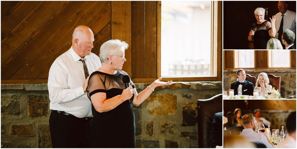 Snohomish Wedding Photographer GSquared Weddings An older couple speaks into a microphone at a gathering in front of a wooden and stone wall, reminiscent of a rustic winery. Additional images show guests seated, listening attentively in the warmly lit ambiance. Serving Seattle, Snohomish and Washington State
