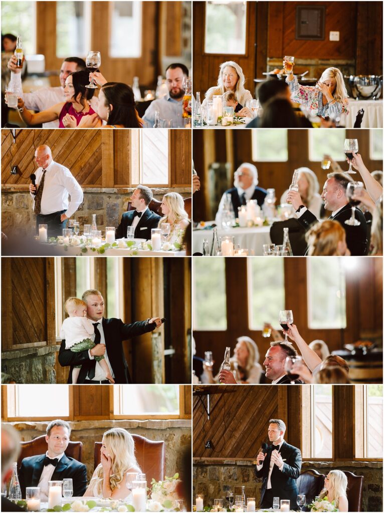 Snohomish Wedding Photographer GSquared Weddings A collage of wedding reception photos at a charming winery, featuring guests raising glasses in heartfelt toasts, people seated at elegantly set tables, a man speaking into a microphone, and another holding a child while giving a toast. The rustic venue boasts wooden walls and soft lighting. Serving Seattle, Snohomish and Washington State