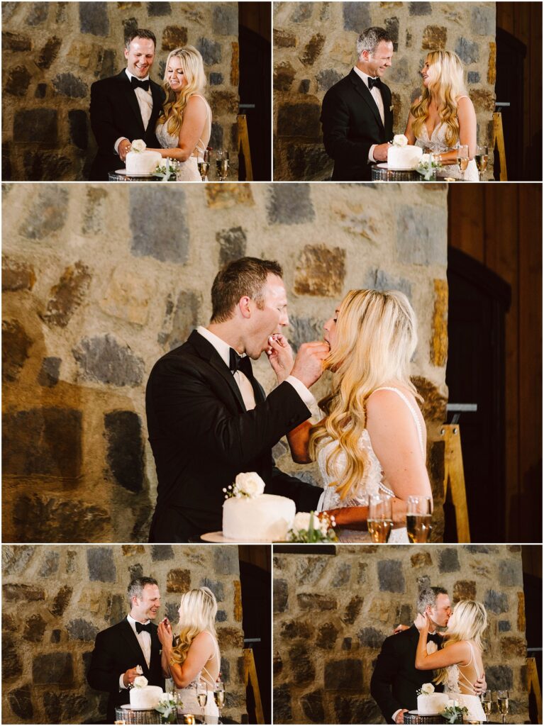 Snohomish Wedding Photographer GSquared Weddings A couple in formal attire stands before a stone wall at a winery during their wedding, sharing laughter while cutting and feeding each other cake. The sequence of photos captures their playful interaction and a kiss, perfectly framed by the vineyards rustic charm. Serving Seattle, Snohomish and Washington State