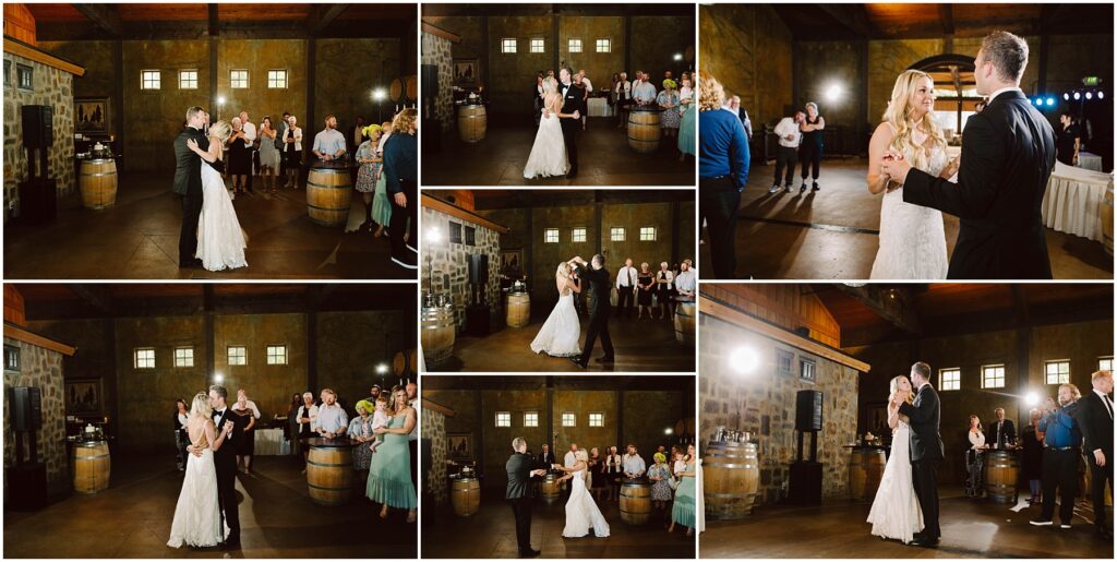 Snohomish Wedding Photographer GSquared Weddings A collage of wedding dance photos reveals a bride in a white gown and a groom in a black suit twirling gracefully in a rustic winery setting with wooden barrels. Guests look on, some standing and some seated. Warm lighting enhances the cozy atmosphere. Serving Seattle, Snohomish and Washington State