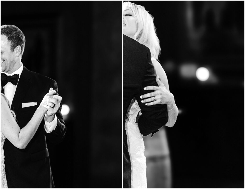 Snohomish wedding photographer gsquared weddings black and white image of a couple dancing at a winery On the left they hold hands and smile on the right a close-up shows them in an embrace The focus is on their connection and elegant attire amidst wine barrels and rustic charm Serving seattle snohomish and washington state Snohomish wedding photographer gsquared weddings black and white image of a couple dancing at a winery On the left they hold hands and smile on the right a close up shows them in an embrace The focus is on their connection and elegant attire amidst wine barrels and rustic charm Serving seattle snohomish and washington state