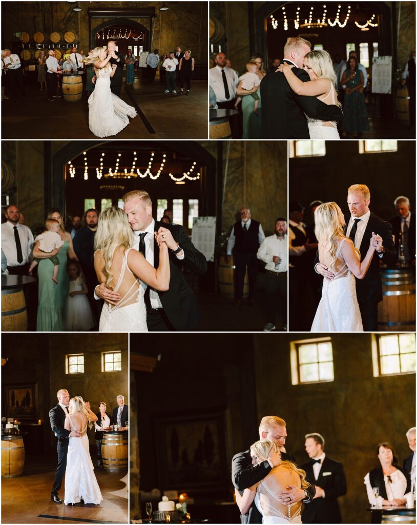 Snohomish wedding photographer gsquared weddings a bride and groom share their first dance in a warmly lit winery venue with guests watching The couple in wedding attire embrace closely amidst rustic decor including wine barrels and string lights Guests are dressed in formal attire observing and celebrating Serving seattle snohomish and washington state Snohomish wedding photographer gsquared weddings a bride and groom share their first dance in a warmly lit winery venue with guests watching The couple in wedding attire embrace closely amidst rustic decor including wine barrels and string lights Guests are dressed in formal attire observing and celebrating Serving seattle snohomish and washington state
