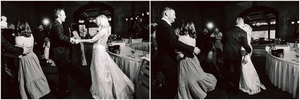 Snohomish wedding photographer gsquared weddings a black and white photo collage captures two couples dancing gracefully at a formal winery event One couple features a person in a suit and another in a wedding dress while the other couple twirls beside them Tables and chairs set the elegant backdrop Serving seattle snohomish and washington state Snohomish wedding photographer gsquared weddings a black and white photo collage captures two couples dancing gracefully at a formal winery event One couple features a person in a suit and another in a wedding dress while the other couple twirls beside them Tables and chairs set the elegant backdrop Serving seattle snohomish and washington state