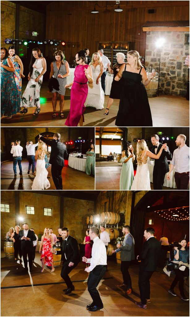 Snohomish wedding photographer gsquared weddings a lively wedding reception unfolds in a warmly lit venue at the winery Guests dressed in formal attire dance amid wooden walls and barrels Colorful lights illuminate the space infusing the atmosphere with a festive charm Serving seattle snohomish and washington state Snohomish wedding photographer gsquared weddings a lively wedding reception unfolds in a warmly lit venue at the winery Guests dressed in formal attire dance amid wooden walls and barrels Colorful lights illuminate the space infusing the atmosphere with a festive charm Serving seattle snohomish and washington state