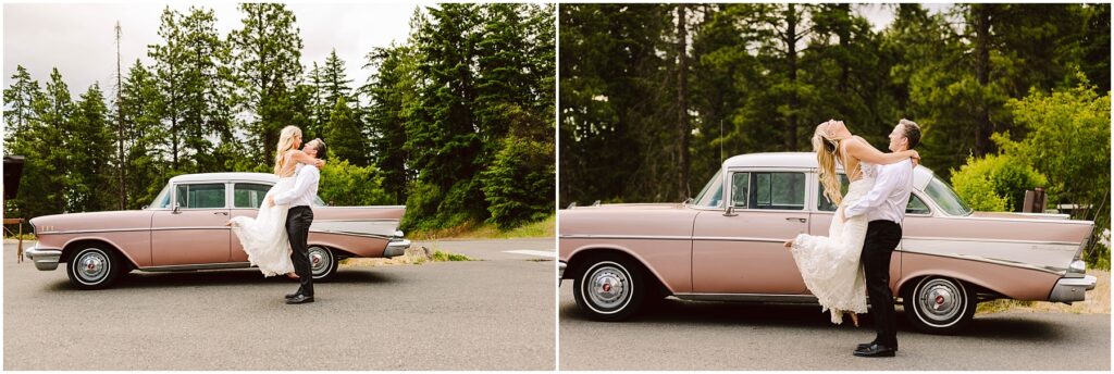 Snohomish wedding photographer gsquared weddings a couple joyfully embraces in front of a vintage pink car at a charming winery The person in the wedding dress is lifted off the ground playfully while the other smiles Tall green trees frame the scene under a cloudy sky adding to the enchanting atmosphere Serving seattle snohomish and washington state Snohomish wedding photographer gsquared weddings a couple joyfully embraces in front of a vintage pink car at a charming winery The person in the wedding dress is lifted off the ground playfully while the other smiles Tall green trees frame the scene under a cloudy sky adding to the enchanting atmosphere Serving seattle snohomish and washington state
