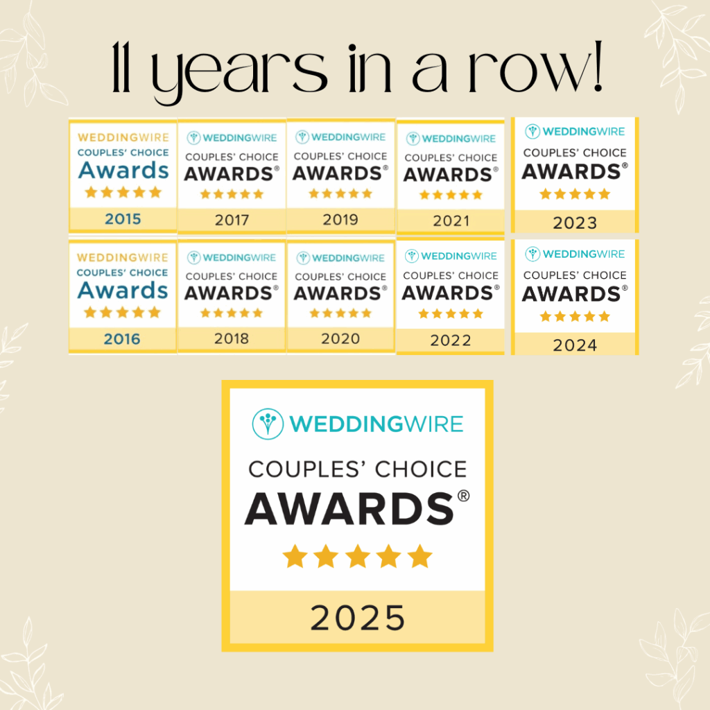Snohomish Wedding Photographer GSquared Weddings A graphic displays 11 years in a row above 10 WeddingWire Couples Choice Awards badges from 2015 to 2024 and a larger badge for 2025 all showing five stars The background features a light beige color with leaf accents Serving Seattle Snohomish and Orlando