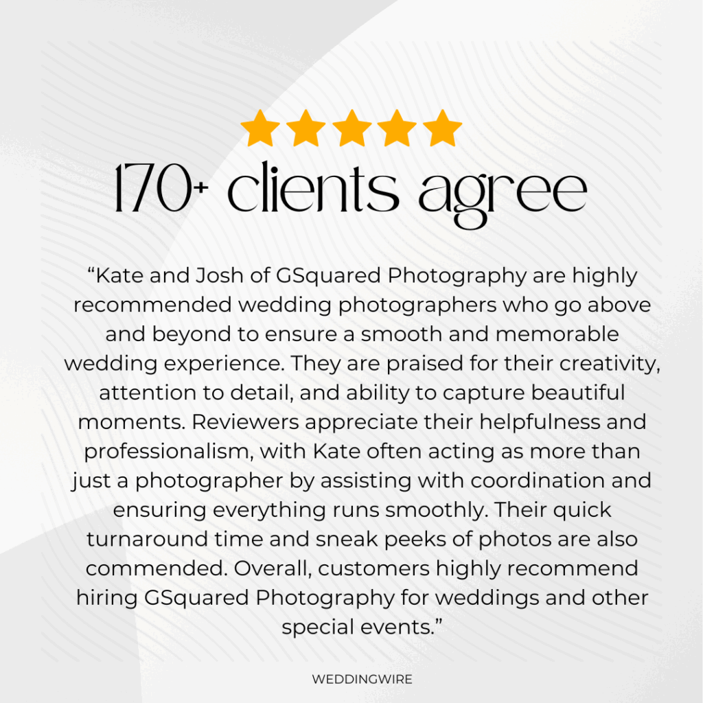 Snohomish Wedding Photographer GSquared Weddings A graphic features five gold stars above the text 170+ clients agree Below is a positive review praising GSquared Photography for creativity attention to detail professionalism and excellent wedding photography service Serving Seattle Snohomish and Orlando