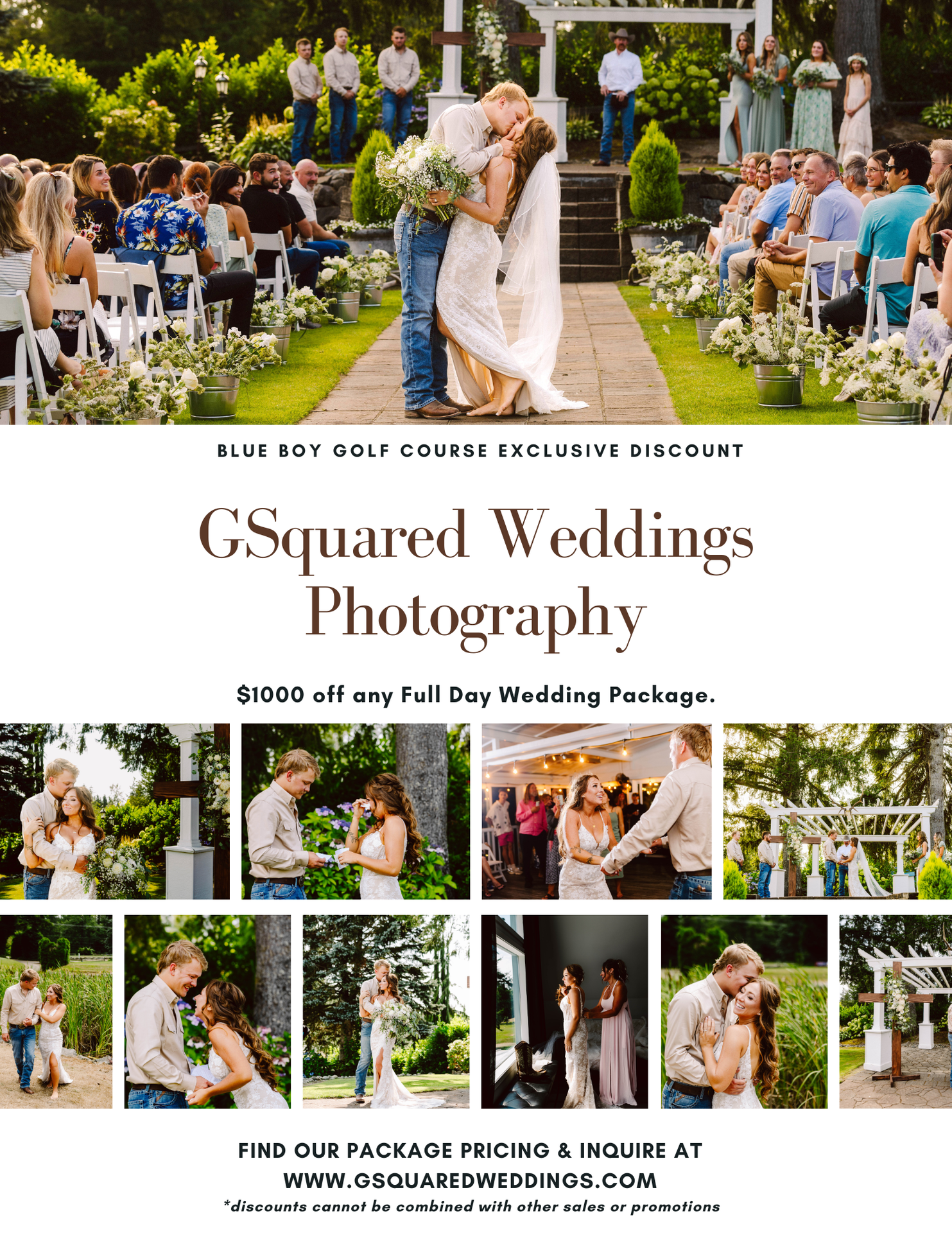 Snohomish Wedding Photographer GSquared Weddings A wedding photography promotional flyer shows a bride and groom kissing outdoors with their wedding party behind them Smaller photos of couples in romantic poses surround the main image Text offers 00 off wedding packages Serving Seattle Snohomish and Orlando Snohomish Wedding Photographer GSquared Weddings A wedding photography promotional flyer shows a bride and groom kissing outdoors with their wedding party behind them Smaller photos of couples in romantic poses surround the main image Text offers 00 off wedding packages Serving Seattle Snohomish and Orlando