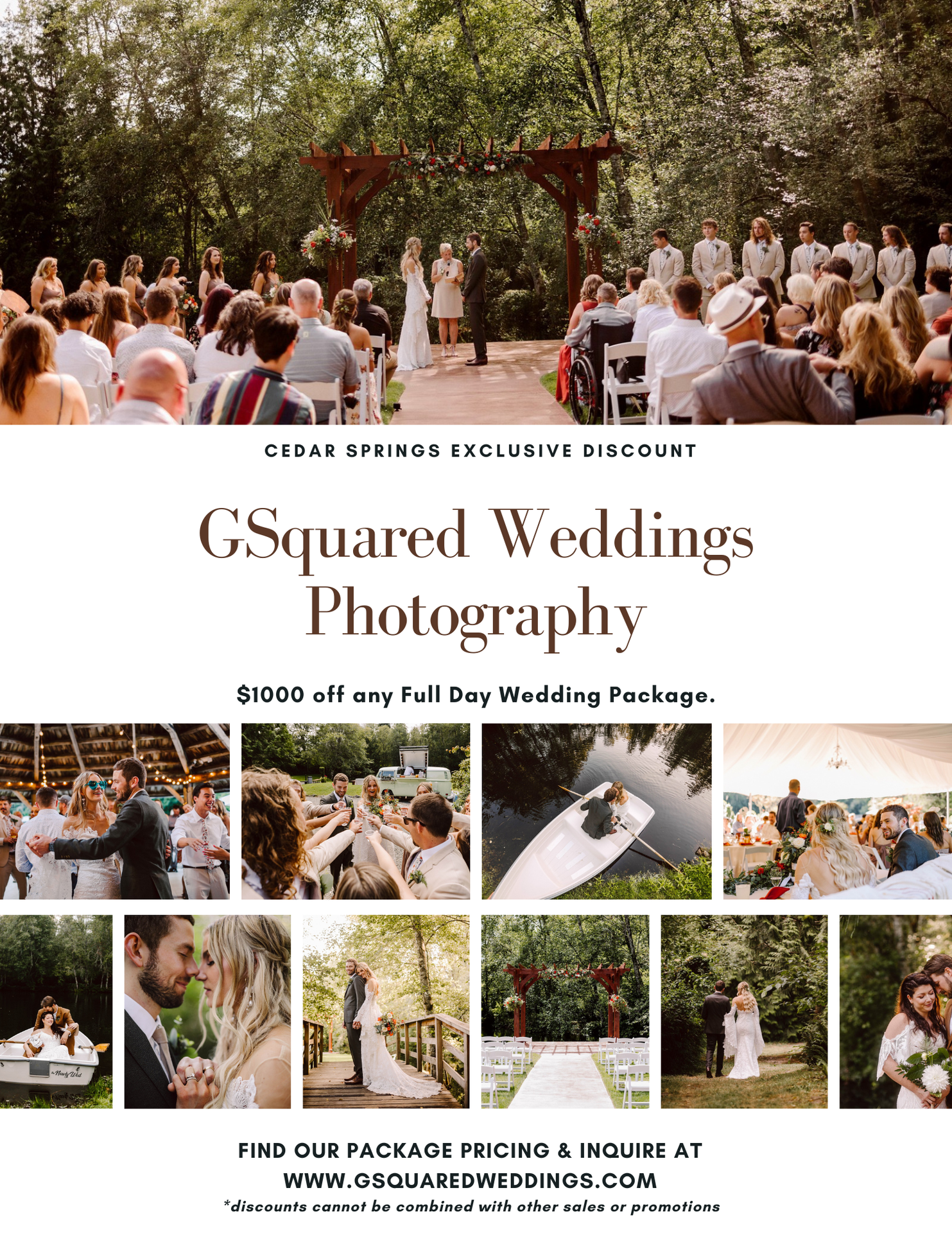 Snohomish Wedding Photographer GSquared Weddings A wedding photography promotion featuring outdoor ceremonies couples and bridal party moments Text highlights a 00 discount on fullday packages from GSquared Weddings Photography at Cedar Springs Serving Seattle Snohomish and Orlando Snohomish Wedding Photographer GSquared Weddings A wedding photography promotion featuring outdoor ceremonies couples and bridal party moments Text highlights a 00 discount on full day packages from GSquared Weddings Photography at Cedar Springs Serving Seattle Snohomish and Orlando