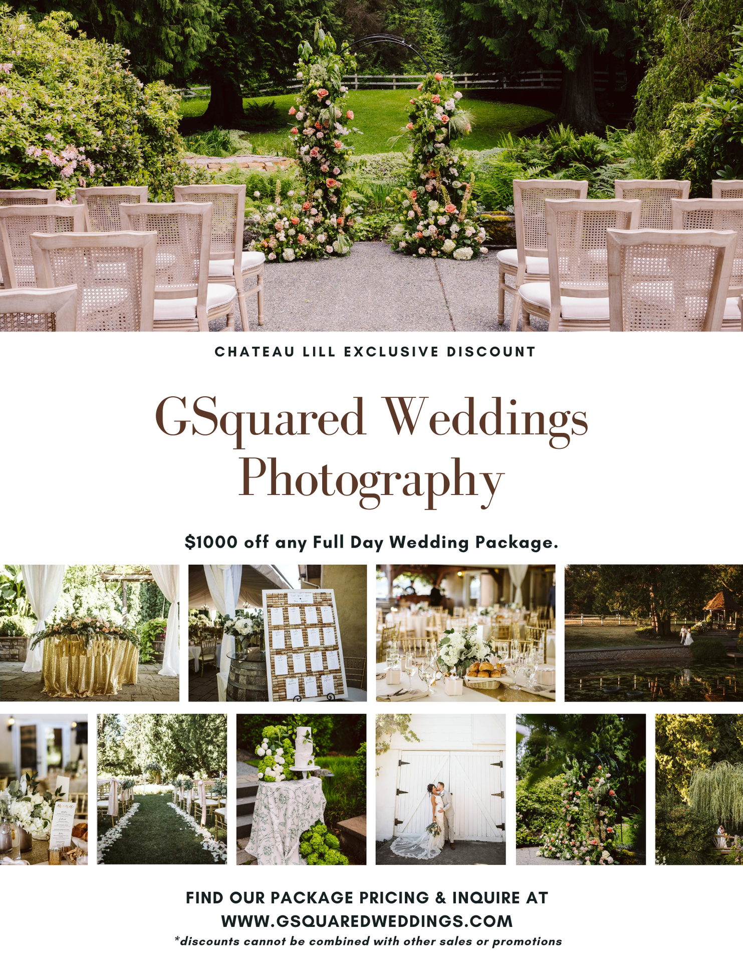 Snohomish Wedding Photographer GSquared Weddings Wedding photography promo for GSquared Weddings features an outdoor ceremony setup floral arrangements reception details and a 00 discount on full day packages at Pemberton Farm Website and inquiry info included Serving Seattle Snohomish and Orlando