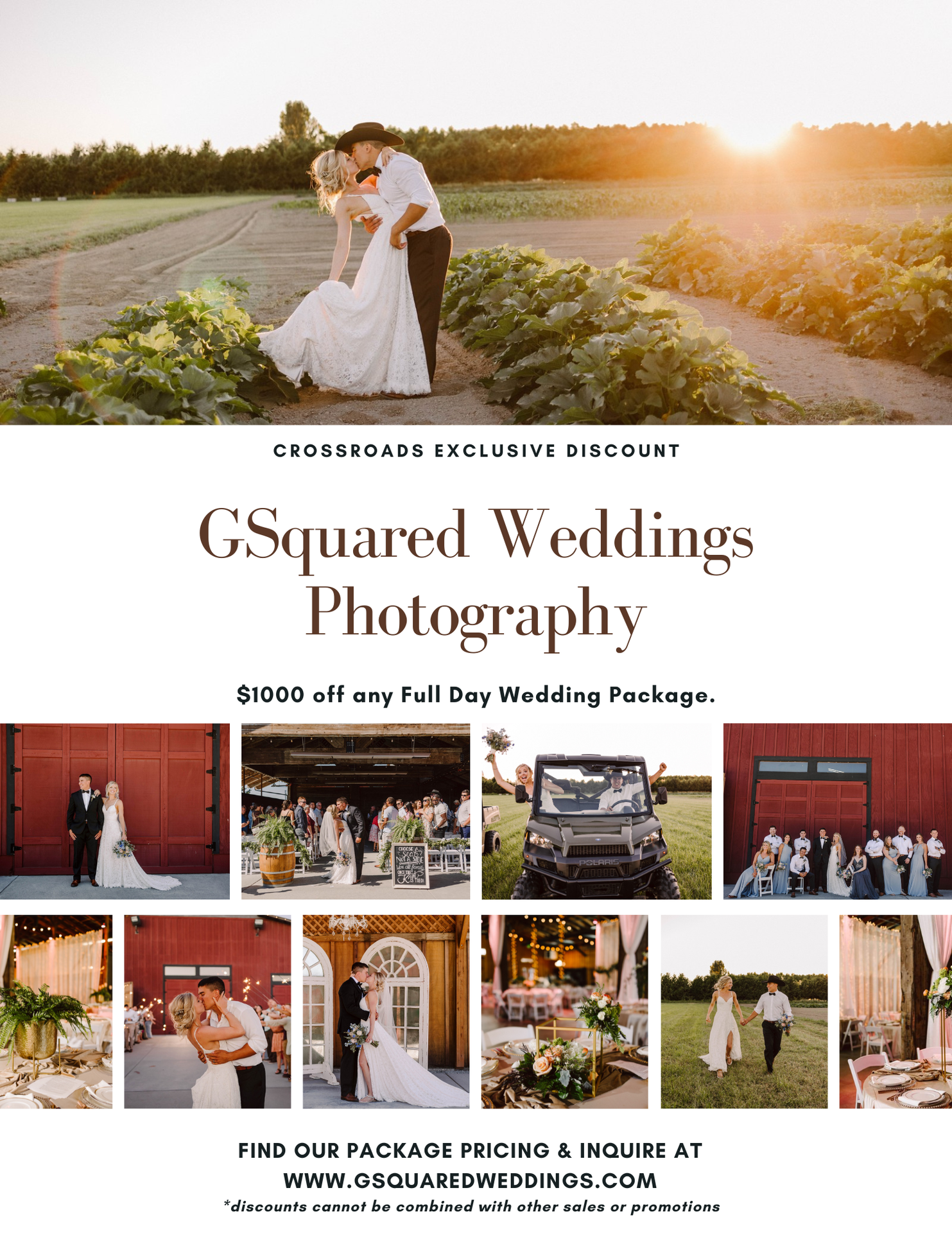 Snohomish Wedding Photographer GSquared Weddings A wedding photography ad featuring a couple kissing outdoors and a collage of wedding scenes Text offers 00 off a full day wedding package from GSquared Weddings Photography Website and inquiry details are included Serving Seattle Snohomish and Orlando Snohomish Wedding Photographer GSquared Weddings A wedding photography ad featuring a couple kissing outdoors and a collage of wedding scenes Text offers 00 off a full day wedding package from GSquared Weddings Photography Website and inquiry details are included Serving Seattle Snohomish and Orlando