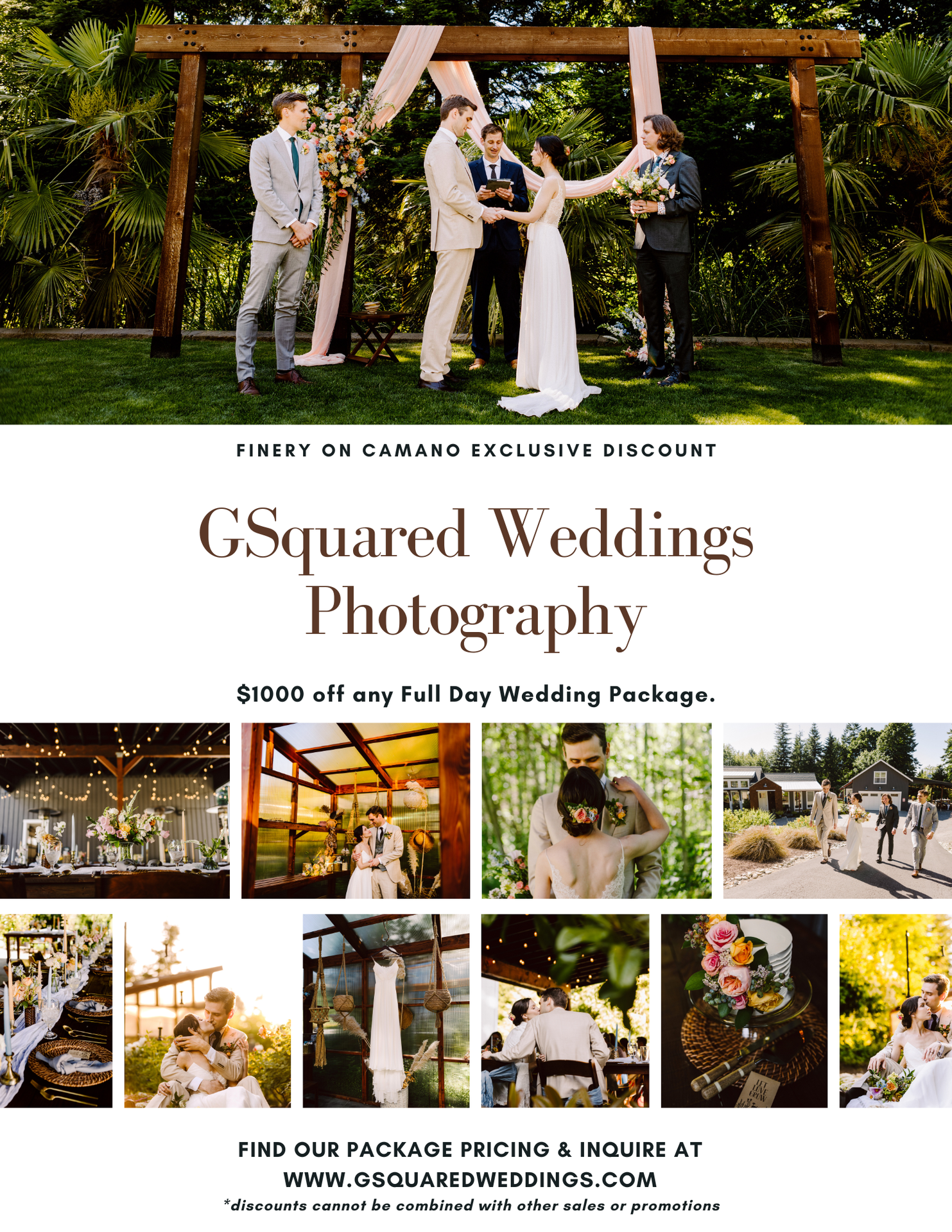 Snohomish Wedding Photographer GSquared Weddings A wedding photography promotion poster featuring a couple at an outdoor ceremony floral decorations and wedding scenes Text offers 00 off any full day package from GSquared Weddings Photography Serving Seattle Snohomish and Orlando Snohomish Wedding Photographer GSquared Weddings A wedding photography promotion poster featuring a couple at an outdoor ceremony floral decorations and wedding scenes Text offers 00 off any full day package from GSquared Weddings Photography Serving Seattle Snohomish and Orlando