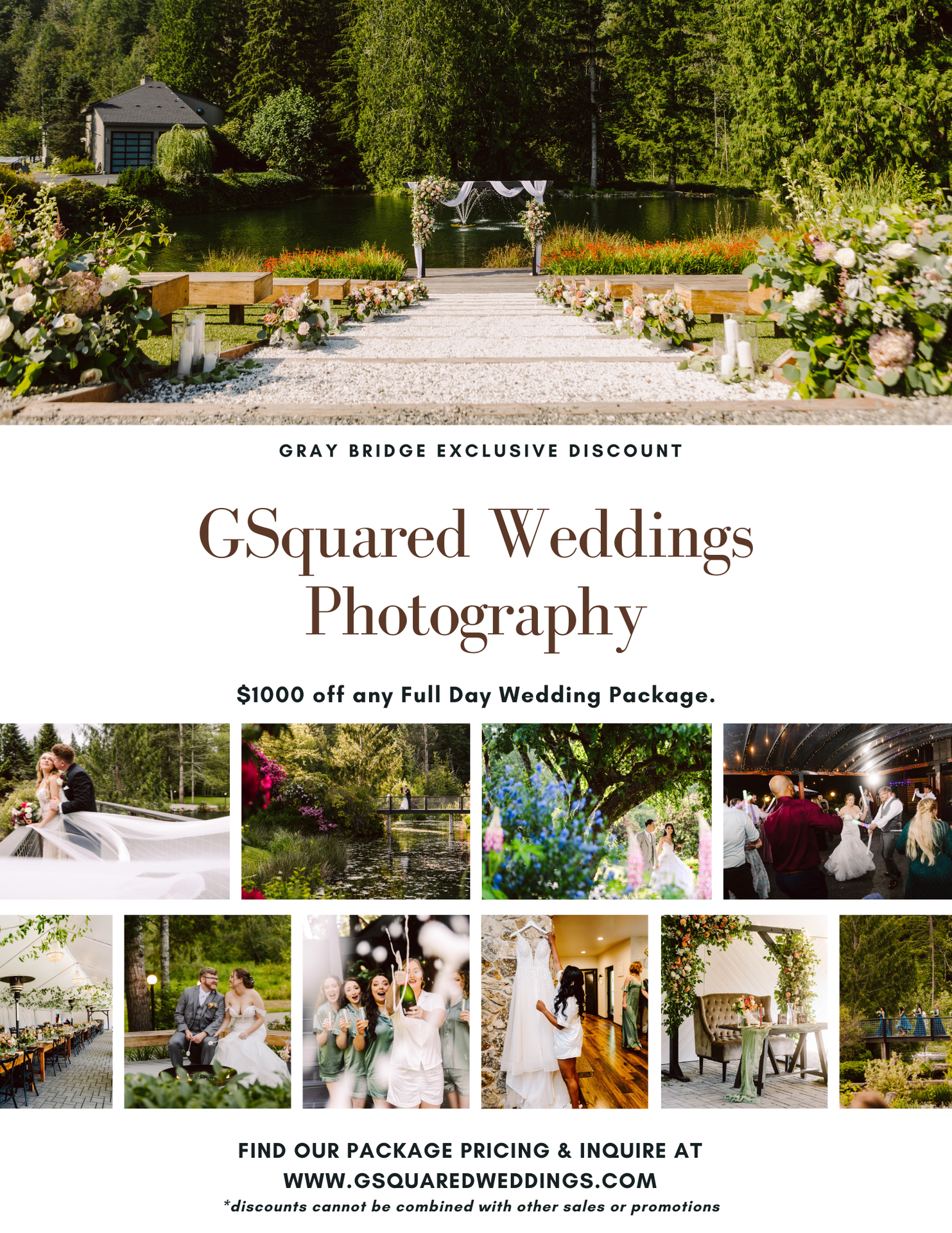 Snohomish Wedding Photographer GSquared Weddings A wedding photography ad featuring a scenic outdoor ceremony various couples on their wedding day dancing guests and elegant table settings offering 00 off fullday packages from GSquared Weddings Photography Serving Seattle Snohomish and Orlando Snohomish Wedding Photographer GSquared Weddings A wedding photography ad featuring a scenic outdoor ceremony various couples on their wedding day dancing guests and elegant table settings offering 00 off full day packages from GSquared Weddings Photography Serving Seattle Snohomish and Orlando