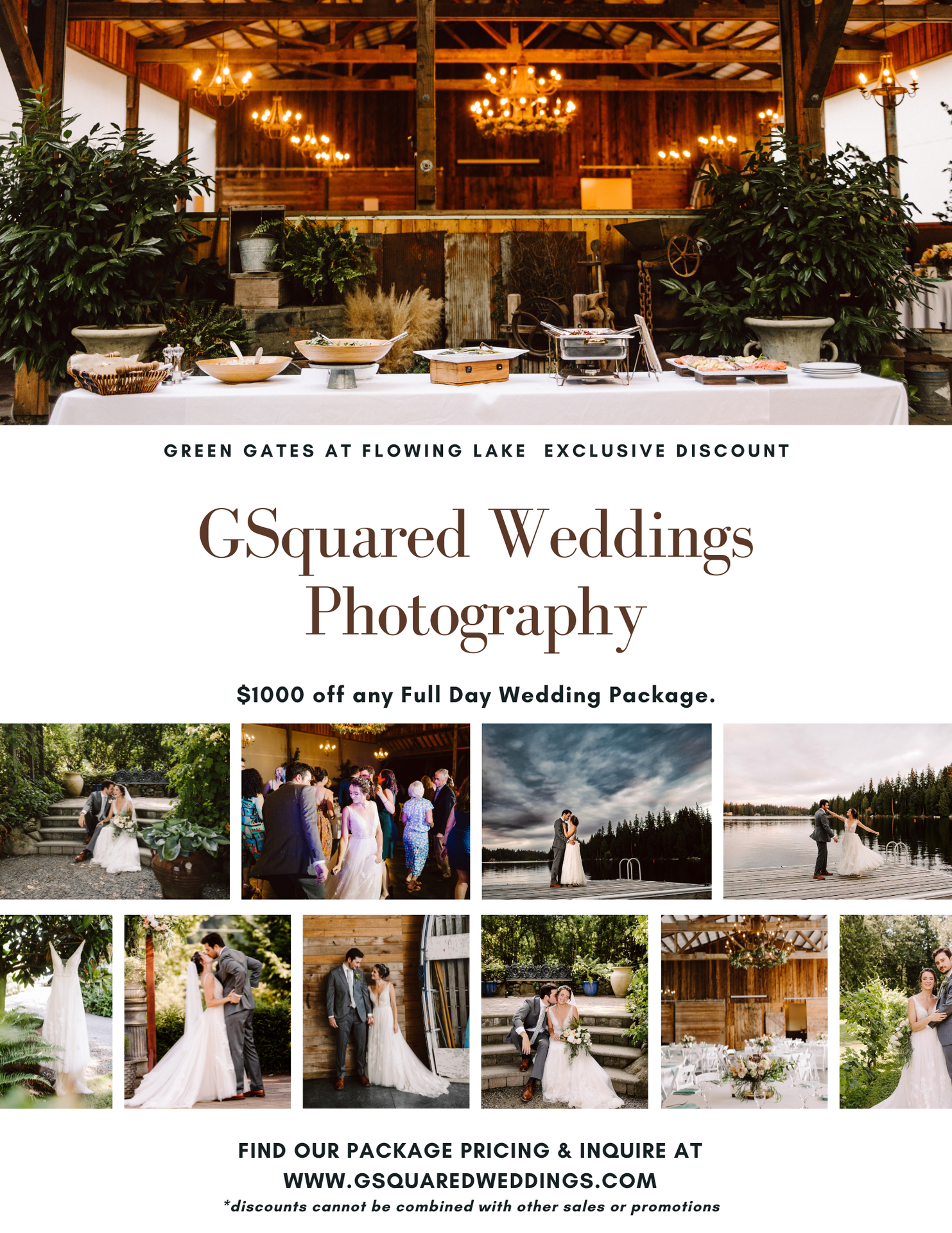 Snohomish Wedding Photographer GSquared Weddings A wedding photography promotion features elegant wedding scenes couples and rustic outdoor settings Text highlights GSquared Weddings Photography offering 00 off full day packages at Green Gates at Flowing Lake Serving Seattle Snohomish and Orlando Snohomish Wedding Photographer GSquared Weddings A wedding photography promotion features elegant wedding scenes couples and rustic outdoor settings Text highlights GSquared Weddings Photography offering 00 off full day packages at Green Gates at Flowing Lake Serving Seattle Snohomish and Orlando
