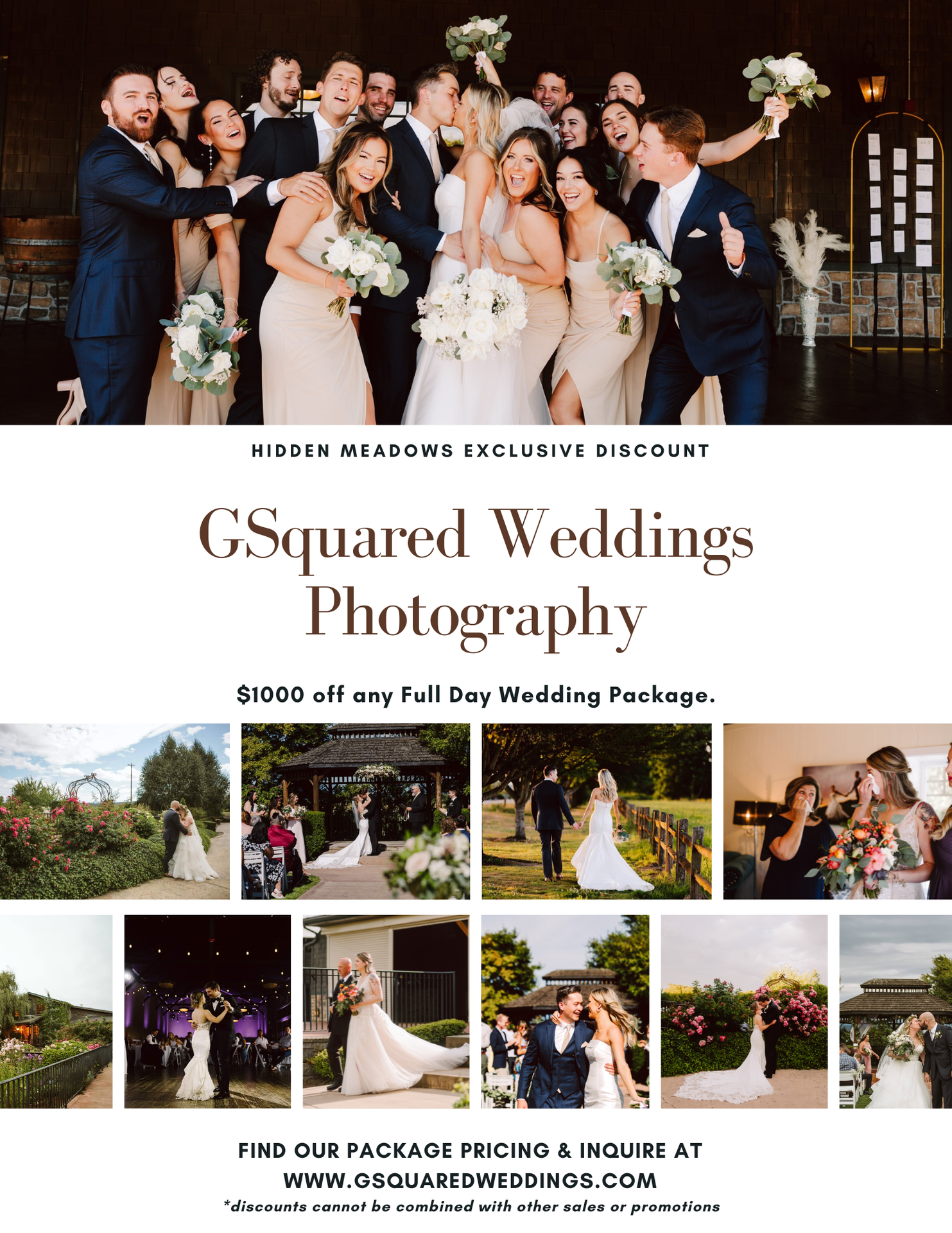 Snohomish Wedding Photographer GSquared Weddings Collage of wedding photos featuring couples wedding parties and scenic venues Text advertises GSquared Weddings Photography with a 00 discount on full day packages and provides a website for more information Serving Seattle Snohomish and Orlando Snohomish Wedding Photographer GSquared Weddings Collage of wedding photos featuring couples wedding parties and scenic venues Text advertises GSquared Weddings Photography with a 00 discount on full day packages and provides a website for more information Serving Seattle Snohomish and Orlando