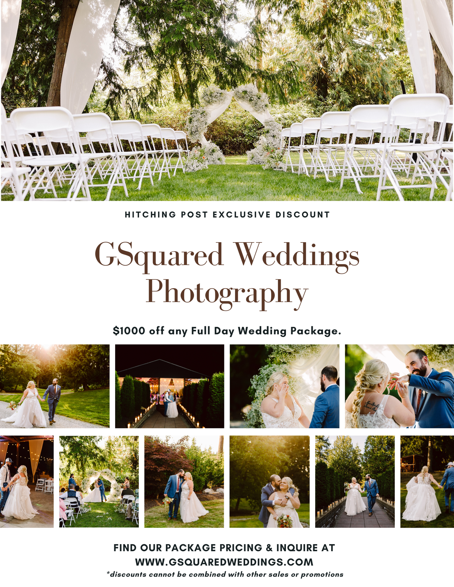 Snohomish Wedding Photographer GSquared Weddings A wedding photography advertisement featuring outdoor ceremony seating and multiple wedding photos offers 00 off any full day package from GSquared Weddings Photography with contact and website details at the bottom Serving Seattle Snohomish and Orlando Snohomish Wedding Photographer GSquared Weddings A wedding photography advertisement featuring outdoor ceremony seating and multiple wedding photos offers 00 off any full day package from GSquared Weddings Photography with contact and website details at the bottom Serving Seattle Snohomish and Orlando