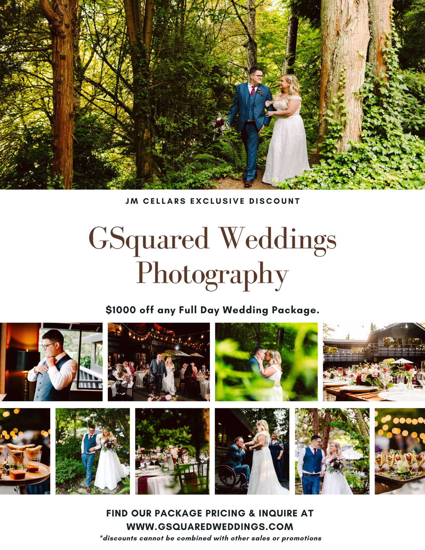 Snohomish Wedding Photographer GSquared Weddings A wedding photography advertisement shows a bride and groom in a forest couples celebrating a bartender wedding guests and elegant table settings Text highlights a 00 discount on fullday packages from GSquared Weddings Photography Serving Seattle Snohomish and Orlando Snohomish Wedding Photographer GSquared Weddings A wedding photography advertisement shows a bride and groom in a forest couples celebrating a bartender wedding guests and elegant table settings Text highlights a 00 discount on full day packages from GSquared Weddings Photography Serving Seattle Snohomish and Orlando