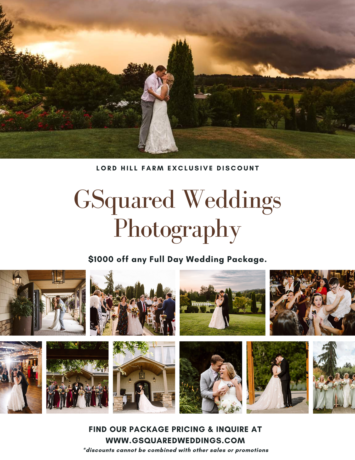 Snohomish Wedding Photographer GSquared Weddings A wedding photography advertisement shows couples posing at weddings a bride and groom kissing outdoors and photo collage of wedding moments Text promotes 00 off full day wedding packages by GSquared Weddings Photography Serving Seattle Snohomish and Orlando Snohomish Wedding Photographer GSquared Weddings A wedding photography advertisement shows couples posing at weddings a bride and groom kissing outdoors and photo collage of wedding moments Text promotes 00 off full day wedding packages by GSquared Weddings Photography Serving Seattle Snohomish and Orlando