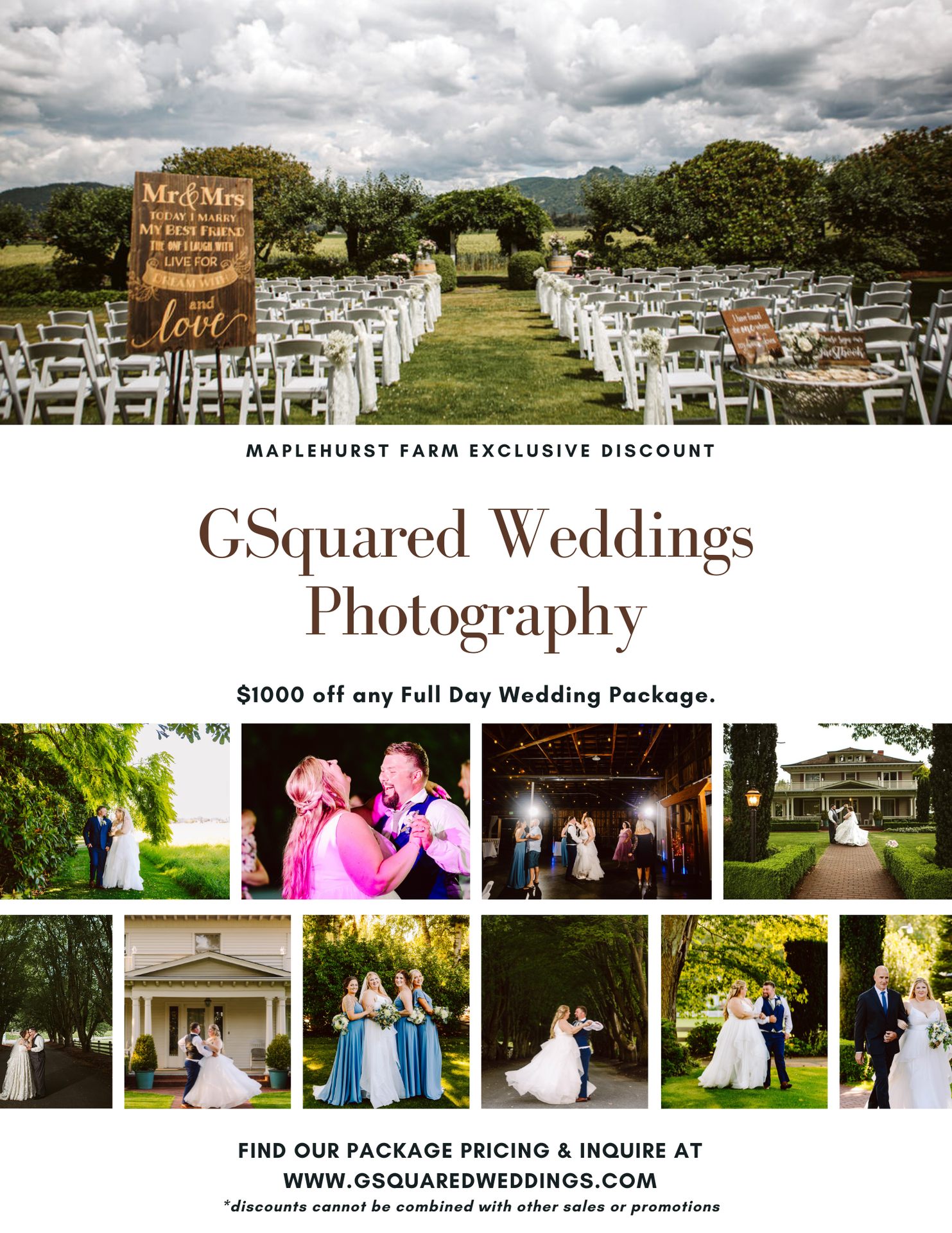 Snohomish Wedding Photographer GSquared Weddings Wedding ceremony setup outdoors with white chairs and a wooden Mr Mrs sign surrounded by trees under a cloudy sky below images of couples on their wedding day and GSquared Weddings Photography details Serving Seattle Snohomish and Orlando Snohomish Wedding Photographer GSquared Weddings Wedding ceremony setup outdoors with white chairs and a wooden Mr & Mrs sign surrounded by trees under a cloudy sky below images of couples on their wedding day and GSquared Weddings Photography details Serving Seattle Snohomish and Orlando