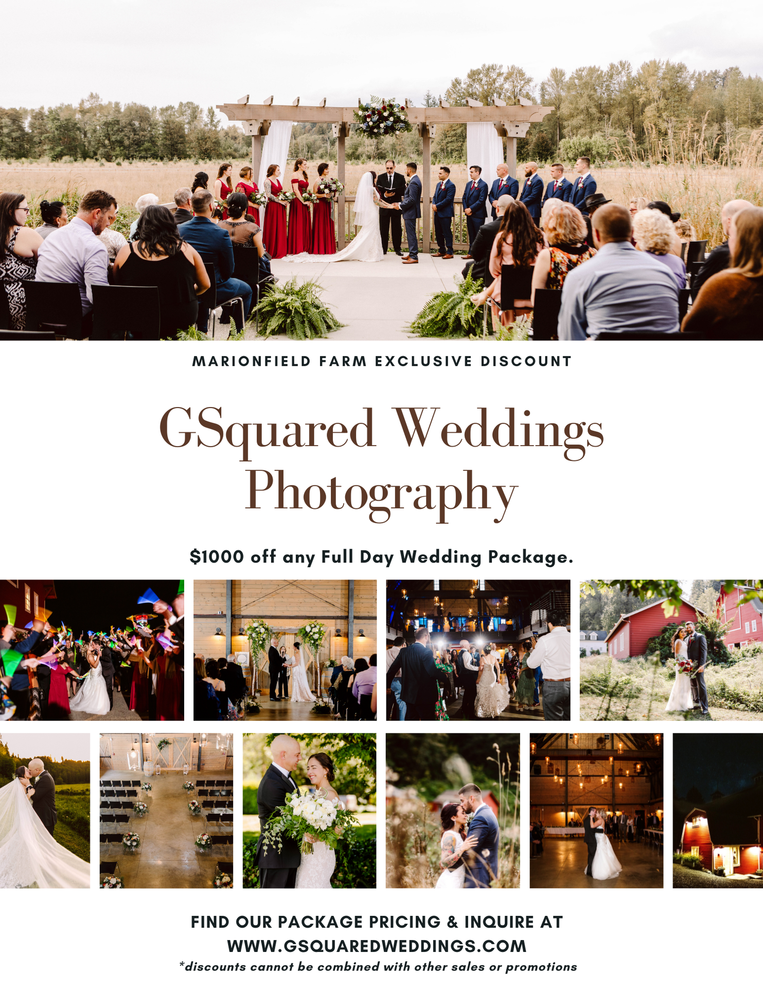 Snohomish Wedding Photographer GSquared Weddings A wedding photography advertisement features an outdoor ceremony couples dancing group photos and rustic barn reception scenes Text offers 00 off a fullday package at Marionfield Farm by GSquared Weddings Photography Serving Seattle Snohomish and Orlando Snohomish Wedding Photographer GSquared Weddings A wedding photography advertisement features an outdoor ceremony couples dancing group photos and rustic barn reception scenes Text offers 00 off a full day package at Marionfield Farm by GSquared Weddings Photography Serving Seattle Snohomish and Orlando