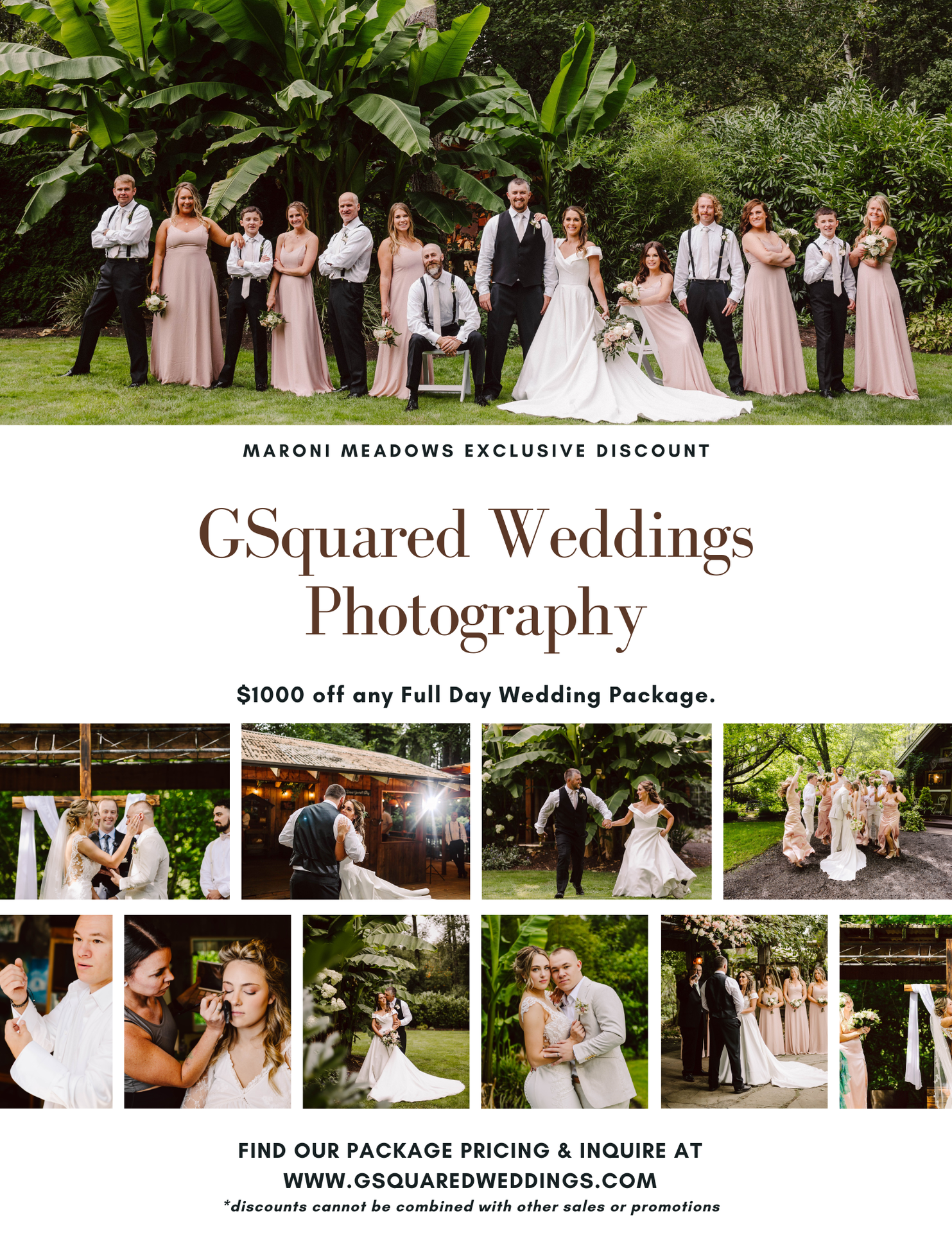 Snohomish Wedding Photographer GSquared Weddings A wedding photography promotional flyer featuring couples and wedding parties in outdoor settings offering 00 off any full day wedding package from GSquared Weddings Photography with contact information and website listed Serving Seattle Snohomish and Orlando Snohomish Wedding Photographer GSquared Weddings A wedding photography promotional flyer featuring couples and wedding parties in outdoor settings offering 00 off any full day wedding package from GSquared Weddings Photography with contact information and website listed Serving Seattle Snohomish and Orlando