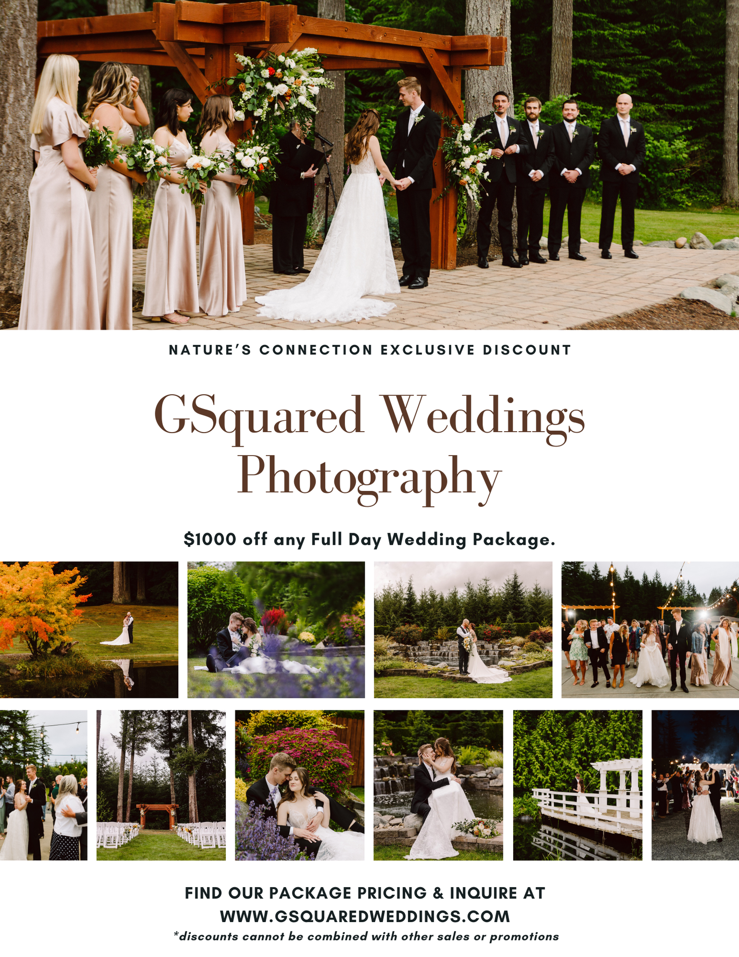 Snohomish Wedding Photographer GSquared Weddings A wedding photography ad featuring a bride groom and wedding party with collage images of outdoor wedding scenes flowers and couples Text offers 00 off any full day wedding package from GSquared Weddings Photography Serving Seattle Snohomish and Orlando Snohomish Wedding Photographer GSquared Weddings A wedding photography ad featuring a bride groom and wedding party with collage images of outdoor wedding scenes flowers and couples Text offers 00 off any full day wedding package from GSquared Weddings Photography Serving Seattle Snohomish and Orlando