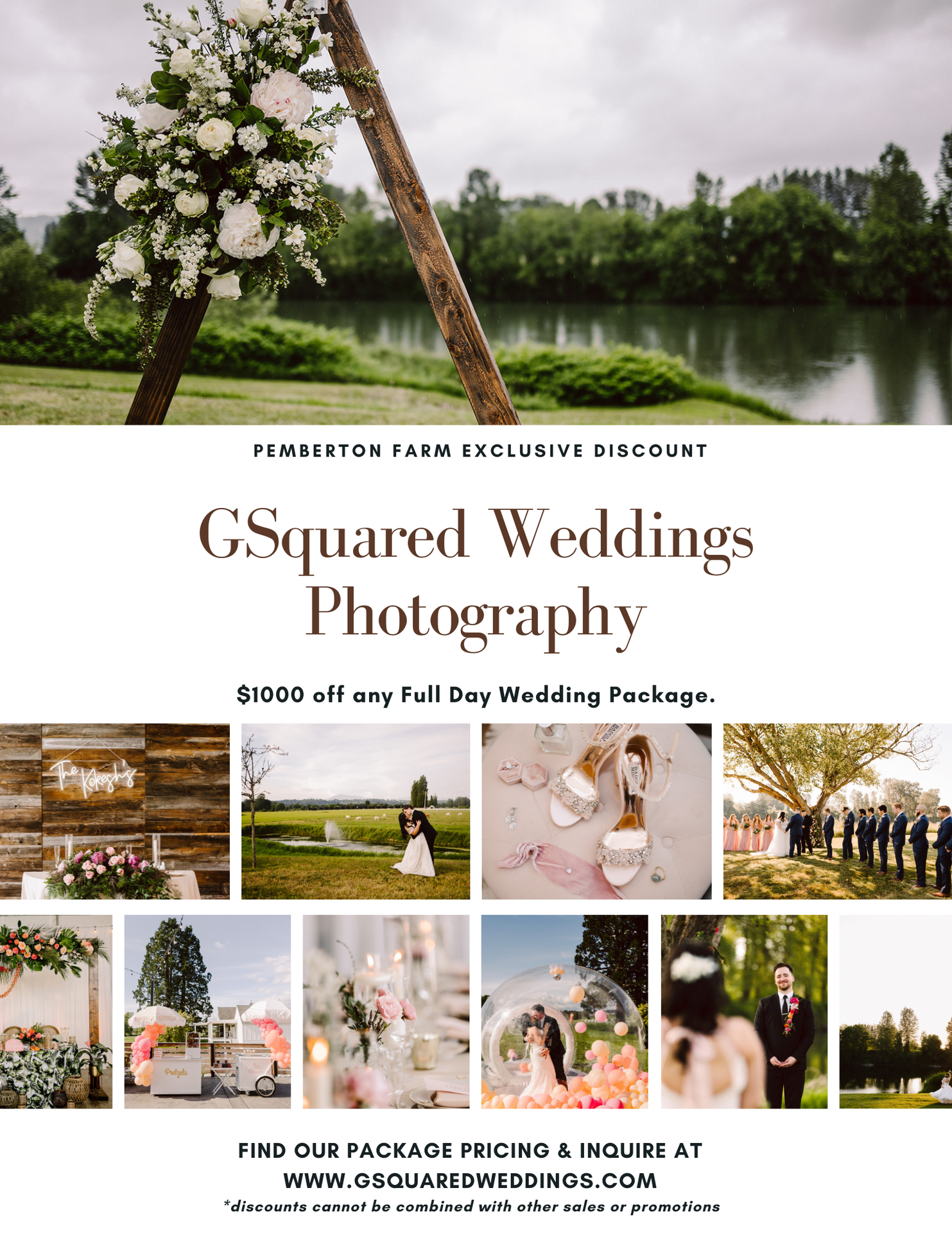 Snohomish Wedding Photographer GSquared Weddings A wedding photography promotion featuring floral wedding scenes couples and group shots by a lake with text offering 00 off a full day wedding package from GSquared Weddings Photography Serving Seattle Snohomish and Orlando Snohomish Wedding Photographer GSquared Weddings A wedding photography promotion featuring floral wedding scenes couples and group shots by a lake with text offering 00 off a full day wedding package from GSquared Weddings Photography Serving Seattle Snohomish and Orlando