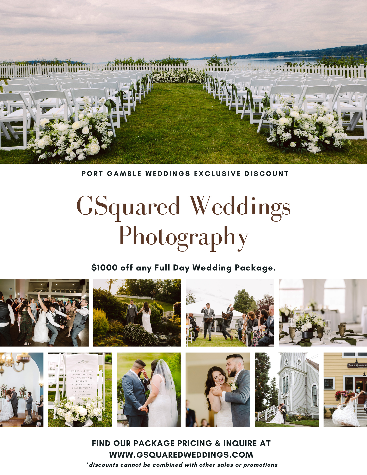 Snohomish Wedding Photographer GSquared Weddings An outdoor wedding ceremony setup with white chairs and floral arrangements overlooks water Below are photos of weddings couples celebrations and decor plus text promoting 00 off GSquared Weddings Photography packages Serving Seattle Snohomish and Orlando Snohomish Wedding Photographer GSquared Weddings An outdoor wedding ceremony setup with white chairs and floral arrangements overlooks water Below are photos of weddings couples celebrations and decor plus text promoting 00 off GSquared Weddings Photography packages Serving Seattle Snohomish and Orlando