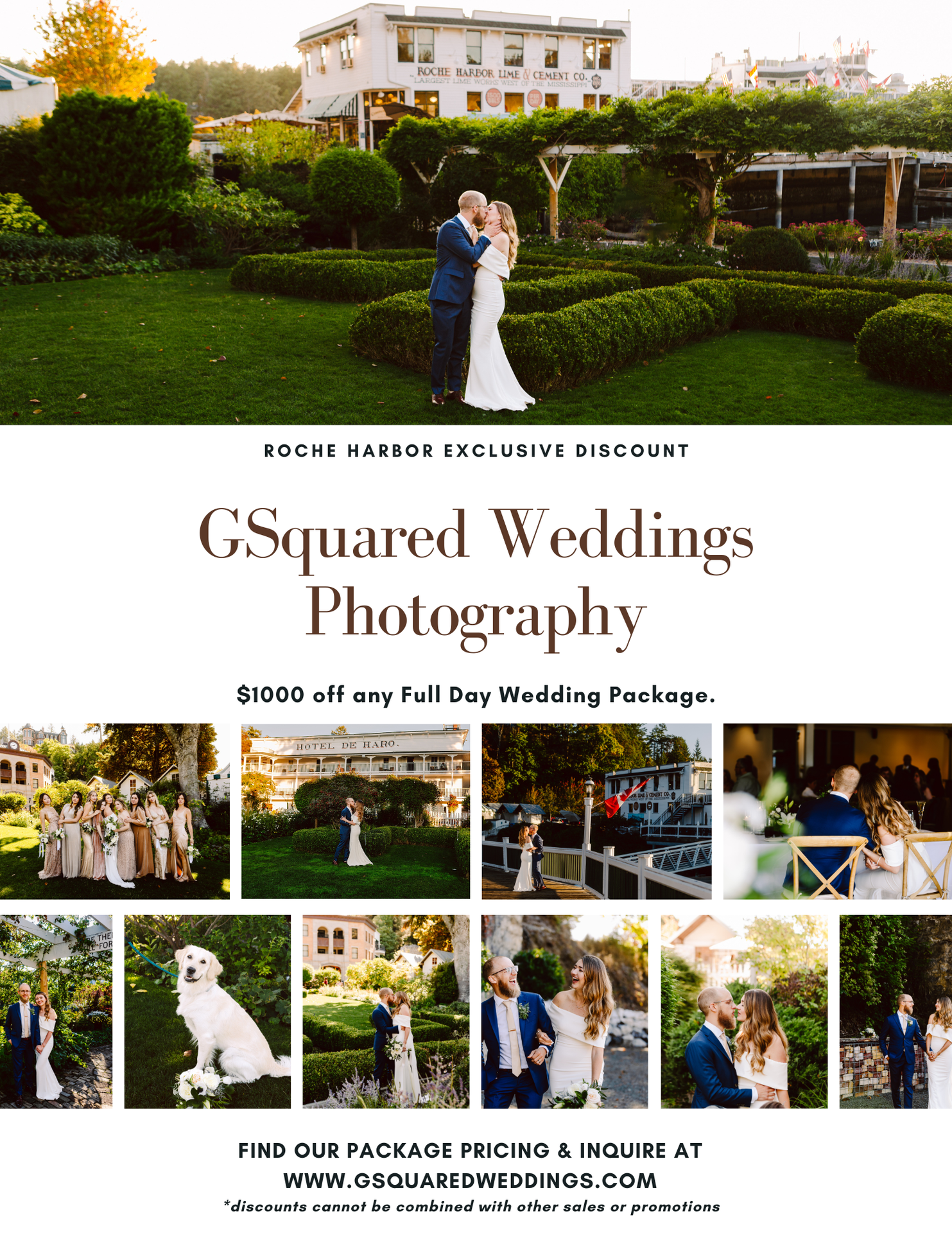 Snohomish Wedding Photographer GSquared Weddings A wedding photography advertisement featuring couples and groups at outdoor ceremonies and receptions a dog and scenic venues offering 00 off full day packages from GSquared Weddings Photography at Roche Harbor Serving Seattle Snohomish and Orlando Snohomish Wedding Photographer GSquared Weddings A wedding photography advertisement featuring couples and groups at outdoor ceremonies and receptions a dog and scenic venues offering 00 off full day packages from GSquared Weddings Photography at Roche Harbor Serving Seattle Snohomish and Orlando