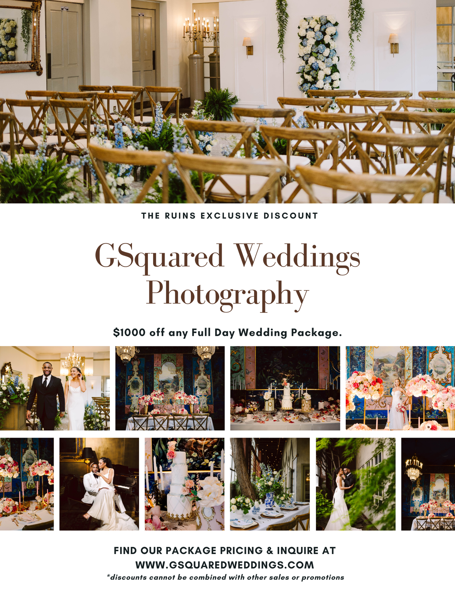 Snohomish Wedding Photographer GSquared Weddings A wedding photography promotion displaying an elegant ceremony setup couples and decorated venues Text offers 00 off full day packages from GSquared Weddings Photography with website and discount details Serving Seattle Snohomish and Orlando Snohomish Wedding Photographer GSquared Weddings A wedding photography promotion displaying an elegant ceremony setup couples and decorated venues Text offers 00 off full day packages from GSquared Weddings Photography with website and discount details Serving Seattle Snohomish and Orlando