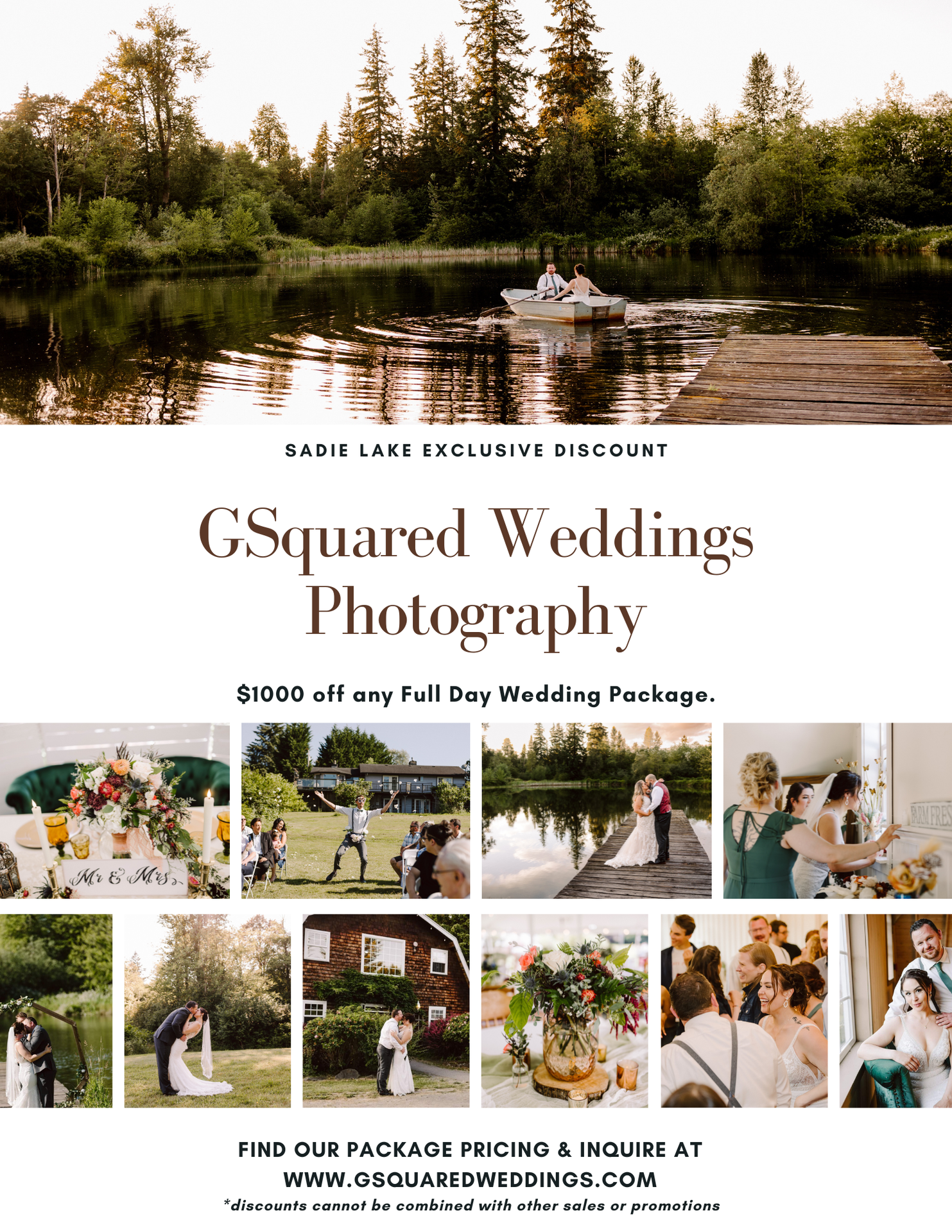 Snohomish Wedding Photographer GSquared Weddings A wedding photography advertisement with nature and wedding scenes offering 00 off any full day wedding package from GSquared Weddings Includes a scenic lake photo and images of couples and guests celebrating outdoors Serving Seattle Snohomish and Orlando Snohomish Wedding Photographer GSquared Weddings A wedding photography advertisement with nature and wedding scenes offering 00 off any full day wedding package from GSquared Weddings Includes a scenic lake photo and images of couples and guests celebrating outdoors Serving Seattle Snohomish and Orlando