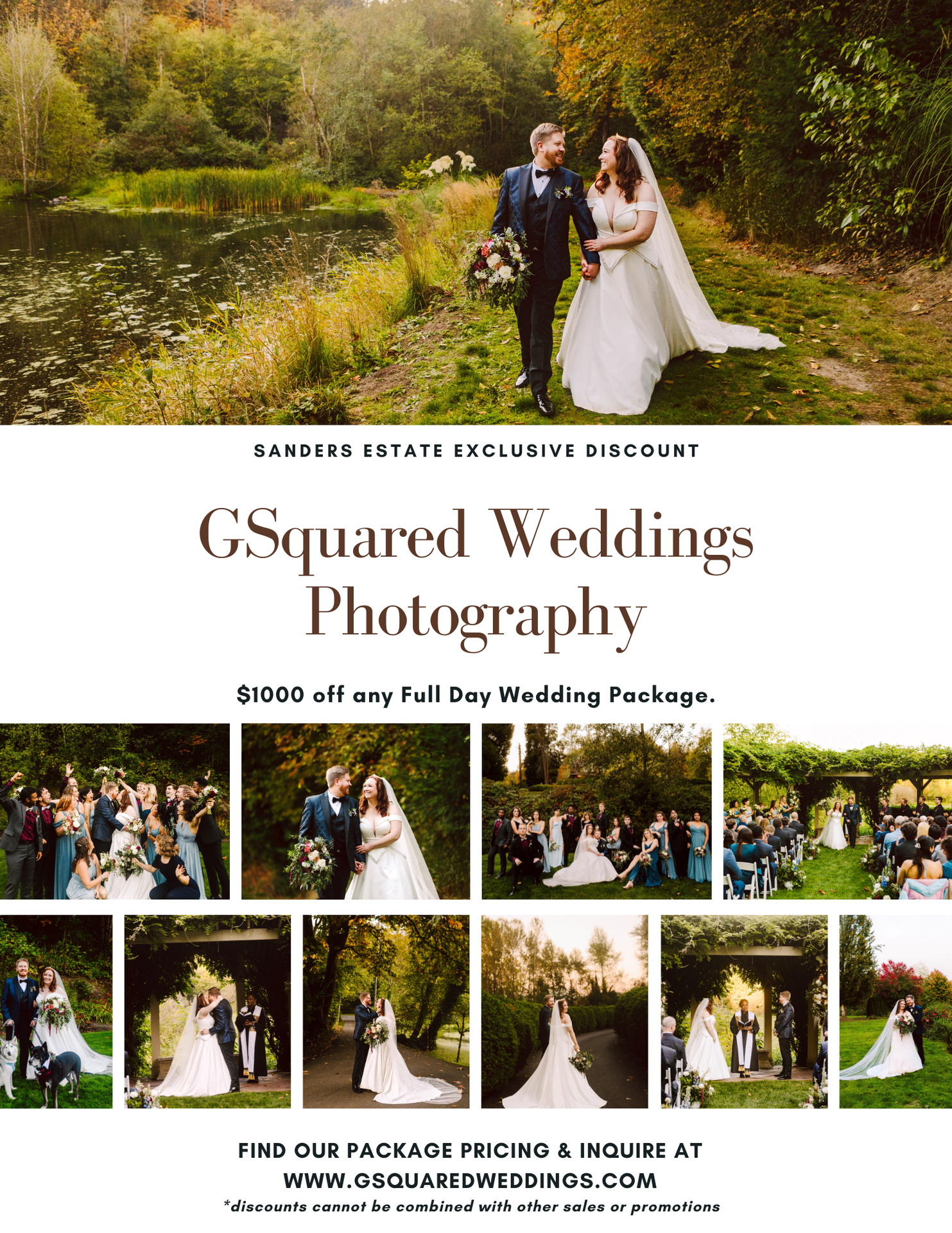 Snohomish Wedding Photographer GSquared Weddings A wedding photography advertisement featuring a bride and groom by a pond surrounded by smaller wedding photos offering 00 off full day packages from GSquared Weddings Photography at Sanders Estate Serving Seattle Snohomish and Orlando Snohomish Wedding Photographer GSquared Weddings A wedding photography advertisement featuring a bride and groom by a pond surrounded by smaller wedding photos offering 00 off full day packages from GSquared Weddings Photography at Sanders Estate Serving Seattle Snohomish and Orlando