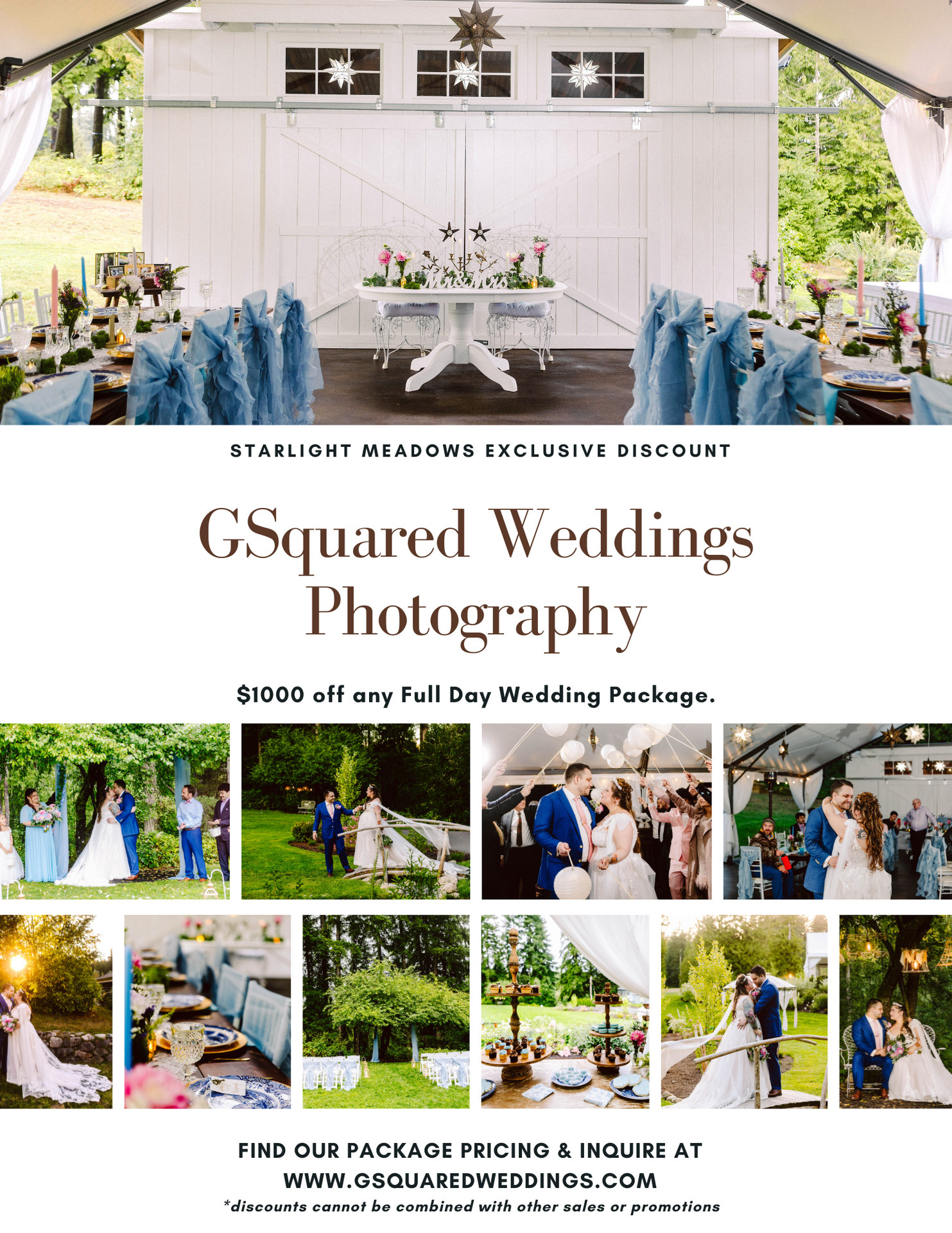 Snohomish Wedding Photographer GSquared Weddings Wedding photography ad featuring decorated venues couples dancing outdoor ceremonies elaborate table settings and joyful moments promoting GSquared Weddings Photography with a 00 discount on full day packages at Starlight Meadows Serving Seattle Snohomish and Orlando Snohomish Wedding Photographer GSquared Weddings Wedding photography ad featuring decorated venues couples dancing outdoor ceremonies elaborate table settings and joyful moments promoting GSquared Weddings Photography with a 00 discount on full day packages at Starlight Meadows Serving Seattle Snohomish and Orlando