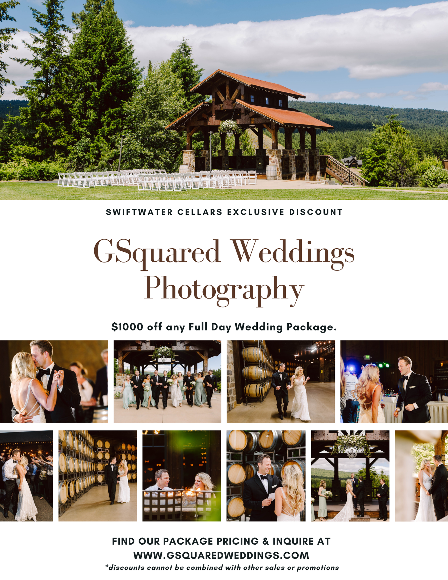 Snohomish Wedding Photographer GSquared Weddings A wedding photography ad featuring a rustic outdoor venue couples dancing and group wedding photos Text offers 00 off full day packages with GSquared Weddings Photography at Swiftwater Cellars Serving Seattle Snohomish and Orlando Snohomish Wedding Photographer GSquared Weddings A wedding photography ad featuring a rustic outdoor venue couples dancing and group wedding photos Text offers 00 off full day packages with GSquared Weddings Photography at Swiftwater Cellars Serving Seattle Snohomish and Orlando