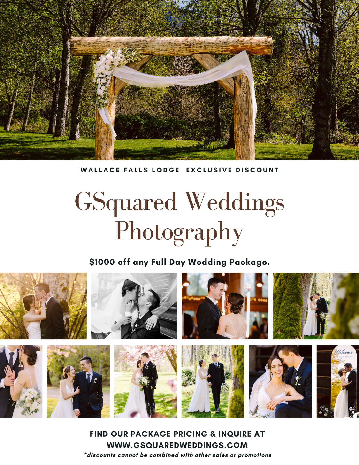 Snohomish Wedding Photographer GSquared Weddings A wedding photography promotion showing a rustic outdoor altar and a collage of bride and groom photos Text offers 00 off full day packages from GSquared Weddings Photography at Wallace Falls Lodge Serving Seattle Snohomish and Orlando Snohomish Wedding Photographer GSquared Weddings A wedding photography promotion showing a rustic outdoor altar and a collage of bride and groom photos Text offers 00 off full day packages from GSquared Weddings Photography at Wallace Falls Lodge Serving Seattle Snohomish and Orlando