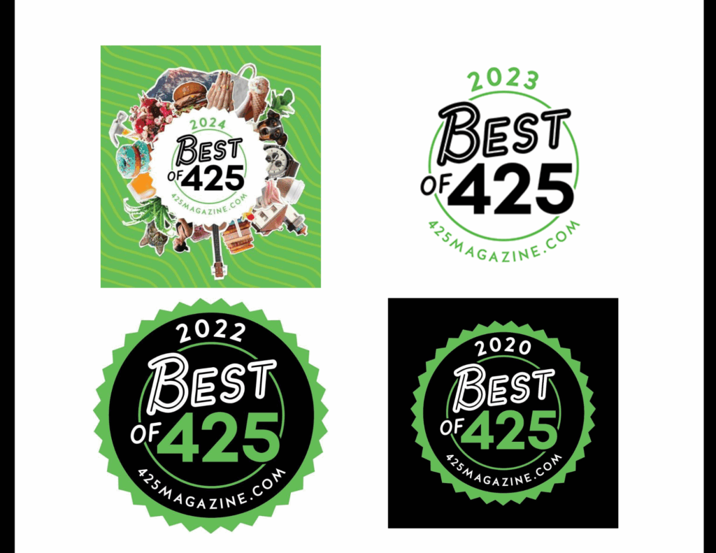 Snohomish Wedding Photographer GSquared Weddings Four Best of 425 award logos from 20202024 each featuring bold text circular designs and the website 425magazinecom The 2024 logo includes photos of food drinks and flowers on a green background Serving Seattle Snohomish and Orlando