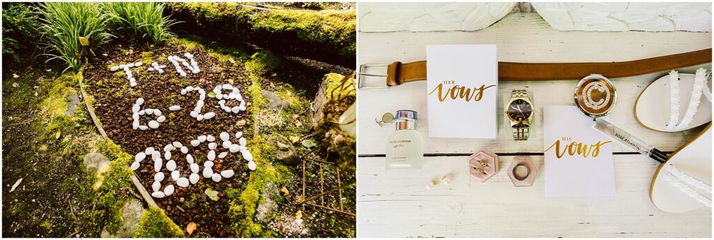 Snohomish Wedding Photographer GSquared Weddings On the left white stones on a mossy surface in Snohomish spell T+N 629 2024 On the right a flat lay showcases wedding items two vow books a watch rings perfume a belt and high heel shoes on a white wooden background Serving Seattle Snohomish and Washington State Snohomish Wedding Photographer GSquared Weddings On the left, white stones on a mossy surface in Snohomish spell T+N 6-29 2024. On the right, a flat lay showcases wedding items: two vow books, a watch, rings, perfume, a belt, and high heel shoes on a white wooden background. Serving Seattle, Snohomish and Washington State